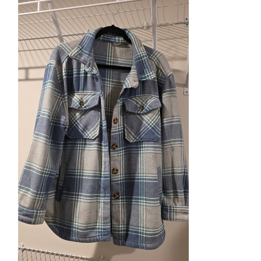 Womens Field Shacket Plaid Flannel Shirt Jacket Blue Gray Size Large